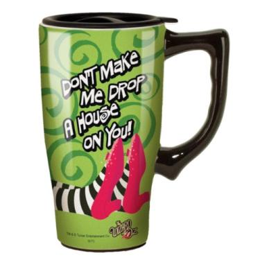 Imagem de Spoontiques Caneca de café de cerâmica para viagem Drop A House On You com tampa e alça - Caneca de parede dupla Wizard of Oz para bebidas quentes e frias - segura para micro-ondas e lava-louças,