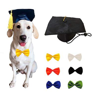 Imagem de Yu-Xiang Chapéu de formatura para cães com 6 peças Bowtie Pet Doctor Cap com borla amarela para cães pequenos divertidos para festas de Halloween (chapéu + 6 gravatas)