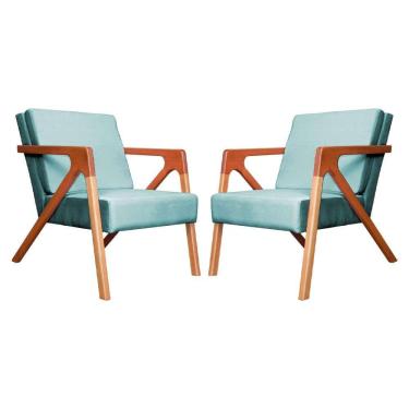 Imagem de Conjunto 2 Poltronas Monalisa Com Braços de Madeira Veludo Azul Turquesa - LM DECOR