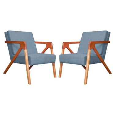 Imagem de Conjunto 2 Poltronas Monalisa Com Braços de Madeira Linho Azul - LM DECOR
