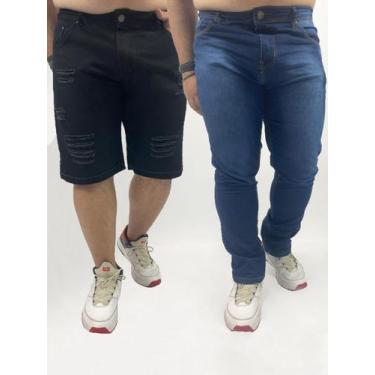 Imagem de Kit Masculino 2 Peças Plus Size - Bermuda Jeans Preto Com Rasgo E Bar