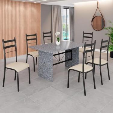 Imagem de Conjunto Sala de Jantar Mesa Retangular 140x75cm Tampo Granito Ocre 6 Cadeiras Marselha Creme/Preto Fosco