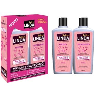 Imagem de Sallon Linda Kit Shampoo + Condicionador 240ml Cuidado Capilar Para Todos Tipos de Cabelo Cacheados Lisos Pós Quimica (Micelar + Hialurônico)