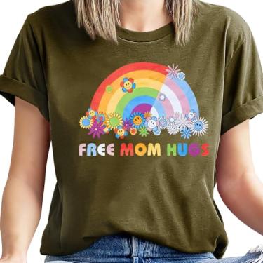 Imagem de Camiseta feminina Free Mom Hugs Pride Camiseta feminina arco-íris com estampa de flores LGBT Pride Camiseta gay de manga curta, Verde, P