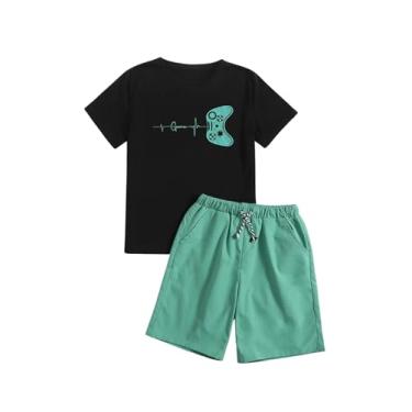 Imagem de SOLY HUX Conjunto de camiseta masculina de manga curta e short com cordão na cintura com 2 peças, Preto e verde menta, 12 Anos