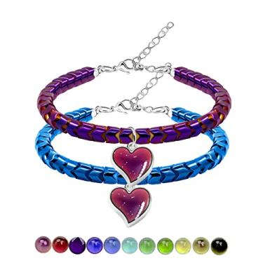 Imagem de Um par de pulseiras de hematita em forma de engrenagem com pingentes de coração de humor termo sensível que muda de cor, pulseira de coração de amor ajustável Y1995-2D, Aço inoxidável, Sem pedras