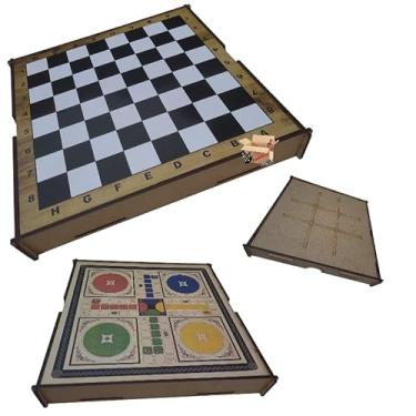 Imagem de Brinquedo Pedagógico Educativo Em Madeira 3 Em 1 Tabuleiro Dama + Ludo + Jogo Da Velha - RafaBox