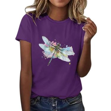 Imagem de Camiseta feminina com estampa de libélula, gola redonda, manga curta, túnica folgada, casual, Ya1-roxo, XXG