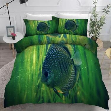 Imagem de Jogo de cama King com animais marinhos, verde, conjunto de 3 peças para decoração de quarto, capa de edredom de microfibra macia 264 x 232 cm e 2 fronhas, com fecho de zíper e laços