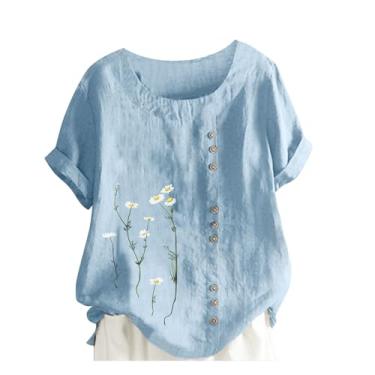 Imagem de Lainuyoah Camisetas femininas vintage estampadas de linho gola redonda boêmio estampado/bordado na moda blusas de manga enrolada, D - azul claro, 4G