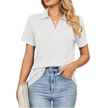 Imagem de Vidifid Camisa polo feminina manga curta gola V bolsos blusa verão golfe tênis túnica tops para negócios casual, Branco, G