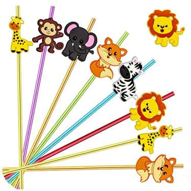 Imagem de 24 canudos reutilizáveis de animais da floresta, canudos de coquetel para leão, raposa, zebra, girafa, safári, lembrancinhas de festa de aniversário, lembrancinhas de festa da floresta com 2 pincéis
