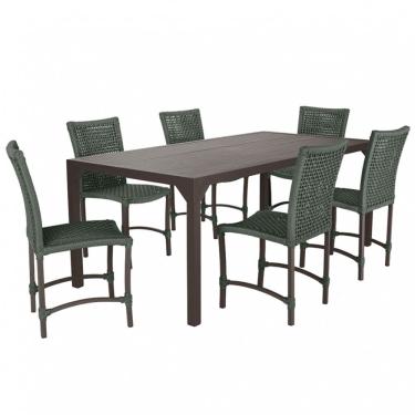 Imagem de Conjunto 6 Cadeiras Cannes Corda Náutica e Mesa Retangular Ripada 2,00m em Alumínio para Edícula, Jardim, Área, Varanda, Cozinha - Pintura Marrom