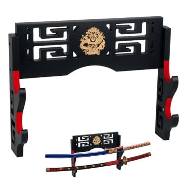 Imagem de Alyoen Suporte de parede Katana para exibição de espada, suporte de 2 níveis para espada Samurai Katana com gancho acolchoado de veludo e padrão de dragão, suporte de espada para sabre de luz