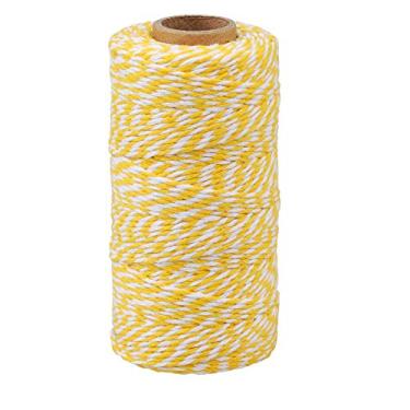 Imagem de jijAcraft Cordão amarelo e branco, cordão de algodão para padeiros de Natal de 90 m, barbante de embalagem resistente de 2 mm para artesanato DIY, decoração de Natal, embrulho de presente, embrulho de
