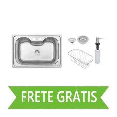 Imagem de Cuba de Sobrepor Morgana 69x49 cm em Aço Inox Acetinado com Válvula, Dosador de Sabão e Cesta Tramontina 93806/152