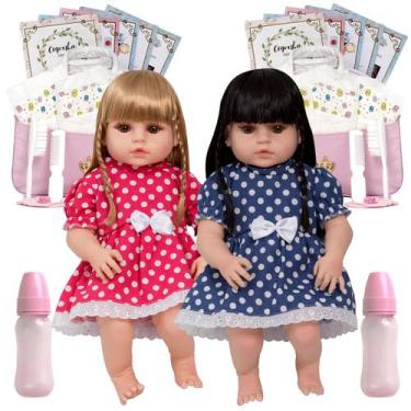 Imagem de 2 Boneca Reborn Gêmeas de Silicone Enxoval Completo Bolsa - Cegonha Re