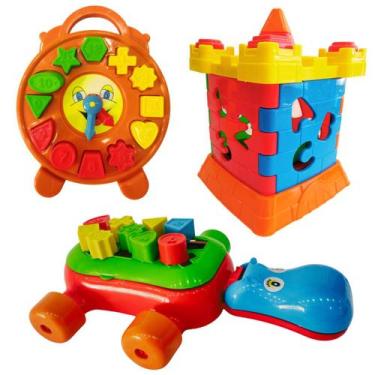 Imagem de Kit 3 brinquedos interativos e didáticos com peças de encaixar- relógi