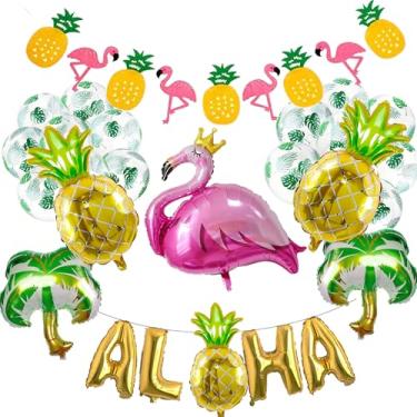 Imagem de KOZEE Tropical Flamingo Birthday Banner Shiny Card and Flamingo Pineapple Coconut Palm Tree Printed Balloons for Tropical Birthday Hawaiian Theme Decorations