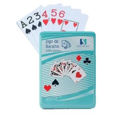 Imagem de Jogo Baralho Cartas de Plástico Estojo Metal Lata Canastra, Poquer Pon