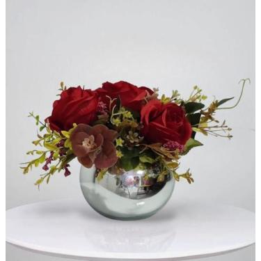 Imagem de Arranjo de flores rosas vermelhas artificiais no vaso prateado - La Ca