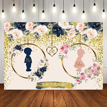 Imagem de OFILA 2,1 x 1,5 m, fundo azul marinho e blush, revelador de gênero para ele ou ela chá de bebê What Will Baby Be fundo menino ou menina revelam glitter dourado faixa floral decoração adereços para cabine de fotos