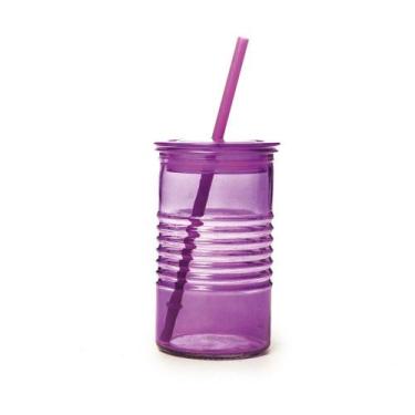 Imagem de Copo de Vidro Modelo Joy na Cor Roxo 400ml com Tampa e Canudo para Ref