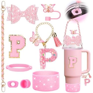 Imagem de Mity rain Conjunto de acessórios de copo rosa de 9 peças para copo Stanley Cup 850 g 1,134 g com alça - Inclui alça, decoração de arco de palha, topo de palha, bota, tampas à prova de derramamento,