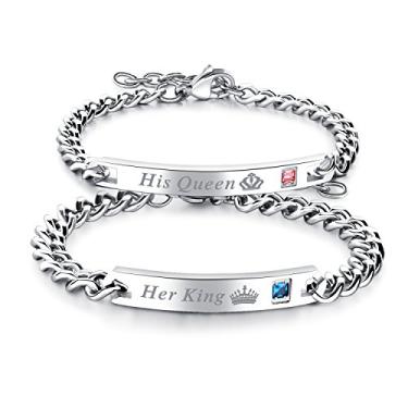 Imagem de Rockyu Conjunto de pulseiras His Queen Her King para casal de aço inoxidável e zircônia, para homens e mulheres, presente romântico hipoalergênico, Titânio