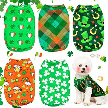 Imagem de 4 peças camiseta cão St Patrick's Day respirável pet camiseta pulôver trevo roupas de cachorro fofas xadrez coração estampado verde engraçado roupa de cachorro fantasia para cachorro pequeno gato grande (grande)