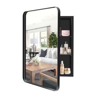 Imagem de Armário de remédios de banheiro preto de 43,2 cm x 63,5 cm com espelho, armário de remédios embutido com canto redondo e moldura de liga de alumínio, armário de armazenamento de superfície para