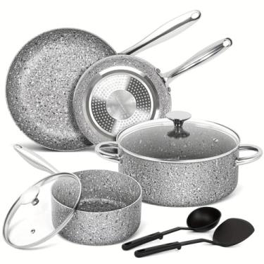Imagem de HJZSZX Conjunto de 8 peças de panelas e frigideiras com revestimento de granito para resultados super antiaderentes, utensílios de cozinha de pedra essencial, granito cinza, 8 peças, uma