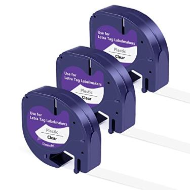 Imagem de Reposição de fita de rótulo compatível para fita de plástico Dymo Letratag 16952 12 mm 4 m (1/2" x 13") Preto em uso transparente para DYMO LT100H, LT100T, QX50, XR, XM pacote com 3