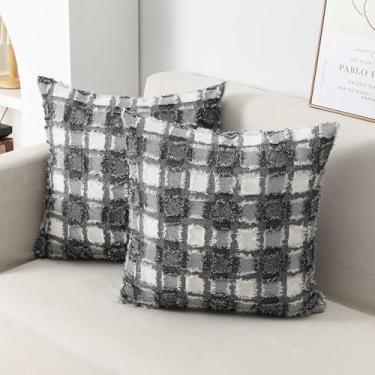 Imagem de wyooxoo Pacote com 2 capas de almofada decorativas xadrez clássicas 45,7 x 45,7 cm, capa quadrada para sofá e decoração de casa (cinza, 45,7 x 45,7 cm)
