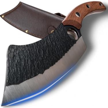 Imagem de Faca Cutelo Artesanal Rústico Aço Inoxidável Ultra Afiado Para Churrasco e Cozinha, Lâmina Forjada Resistente, Bainha de Couro, Ideal para Camping, Pesca e Culinária Profissional.