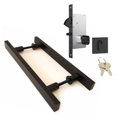 Imagem de Kit Puxador Porta Correr Madeira Duplo 80cm Alumínio Preto Fosco + Fechadura Stam Bico Papagaio Roseta Quadrada Porta Correr