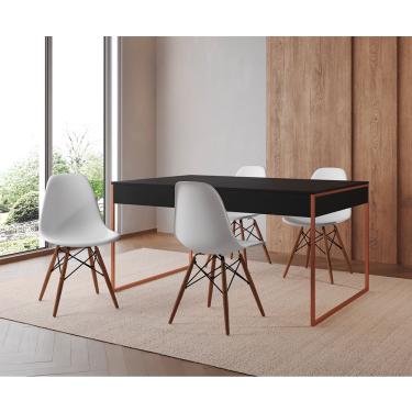 Imagem de Mesa Jantar Industrial Retangular Filadélfia Preta 137x90cm Base Cobre com 4 Cadeiras Brancas Eiffel
