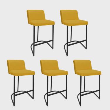 Imagem de Kit 05 Banquetas Com Encosto Noah Luxo Confort Bistrô Cozinha Ferro Preto Sintético Amarelo - Ahz Móveis