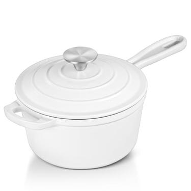 Imagem de Panela de ferro fundido esmaltado com tampa, panela de 1 litro com tampa, panela de ferro fundido resistente, utensílios de cozinha para todos os cooktops, molho de macarrão, sopa, leite - até 260 °C