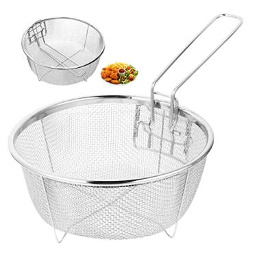 Imagem de Cesta de fritura de aço inoxidável com alça de cozinha Cesta de fritura redonda de aço inoxidável cesta de drenagem cesta de drenagem cesta dobrável 23 cm, cestas de fritura com alça
