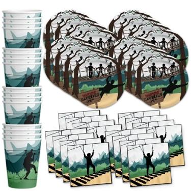Imagem de Artigos de festa de aniversário para tirolesa – Material de aniversário de aventura para curso de cordas – Conjunto de utensílios de mesa inclui pratos, guardanapos e copos – Kit para 16