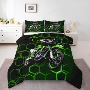 Imagem de Feelyou Conjunto de edredom casal para meninos e meninas, com colmeia e motocross, para decoração de quarto infantil, 3 peças