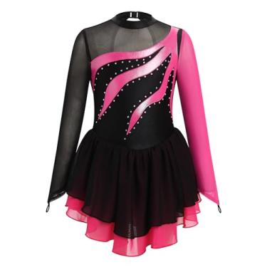 Imagem de Vestido feminino de patinação artística metálico transparente gola redonda patinação no gelo collant de ginástica rítmica adolescente com saia de chiffon, Rosa choque, 3-4 Anos