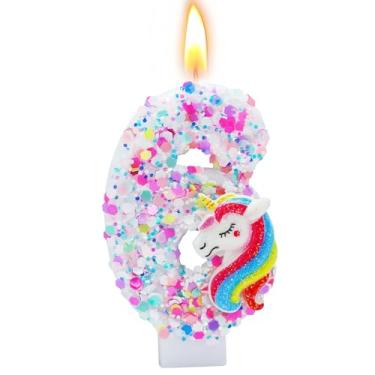 Imagem de woiodora Vela de aniversário número 4 de 7 cm, decorações de aniversário de unicórnio para topo de bolo, material de festa com tema de desenho animado (número 6)