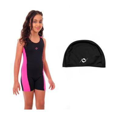 Imagem de Kit Maiô Perninha Infantil Juvenil Proteção Touca de Tecido Infantil (Preto/Pink - Touca Preto, 10)