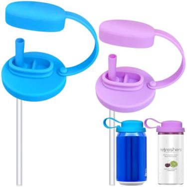 Imagem de 2 tampas de silicone para latas de refrigerante com palha, tampas de lata pop com alça, capas reutilizáveis para bebidas de tamanho padrão, suco, coca, refrigerante, cerveja e seltzer, evita poeira