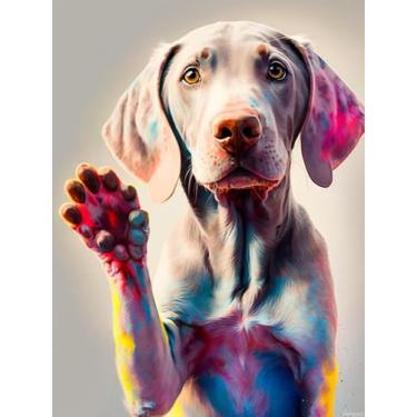 Imagem de HMDIIMGE Kits de pintura de arte de diamante adulto, pintura de pontos de diamante Weimaraner para iniciantes, animais fofos, arte de diamante redondo 5D, Olá, filhote de cachorro, conjunto de