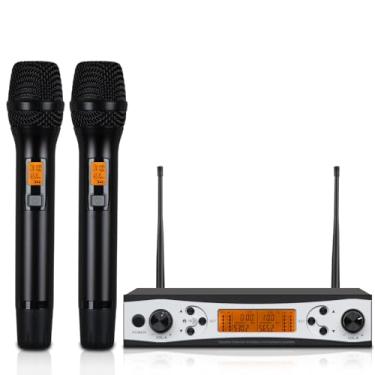Imagem de JXSOU Sistema de microfone sem fio, alcance de 90 metros, UHF, metal, sem fio, duplo, sem fio, dinâmico, para karaokê, reuniões, igreja, casamento