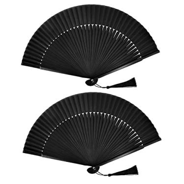 Imagem de FoDau770 Ventiladores Dobráveis Clássicos, 2 Peças de Ventiladores Portáteis de Bambu, Leques de Mão de Seda Preta com Borla para Cosplay, Dança, Decoração, Festa