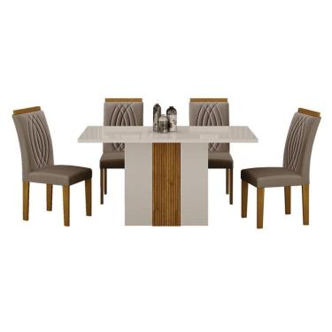 Imagem de Mesa de Jantar Doha 120x80 Reto Off White Decor Off com 4 Cadeiras Freijó Joli Camurça - Leifer Móveis
